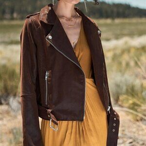Brown Faux Suede Edgy Belted Hem Biker Jacket